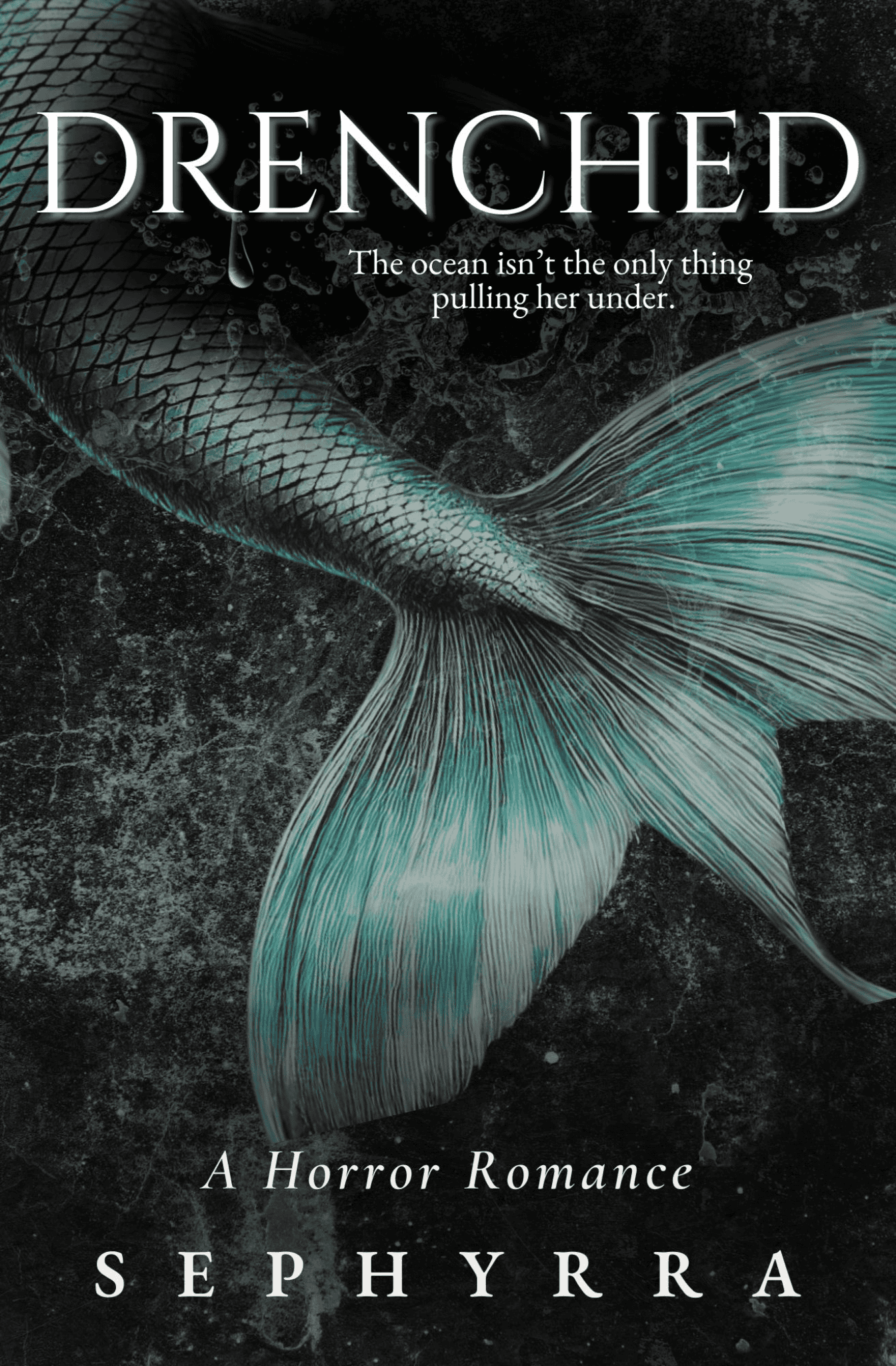 Drenched mermaid with flowing tail, ocean waves, and dark background.