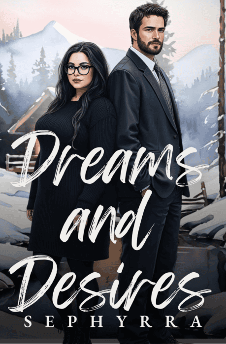 Stylish couple in winter landscape with mountains, representing dreams and desires.