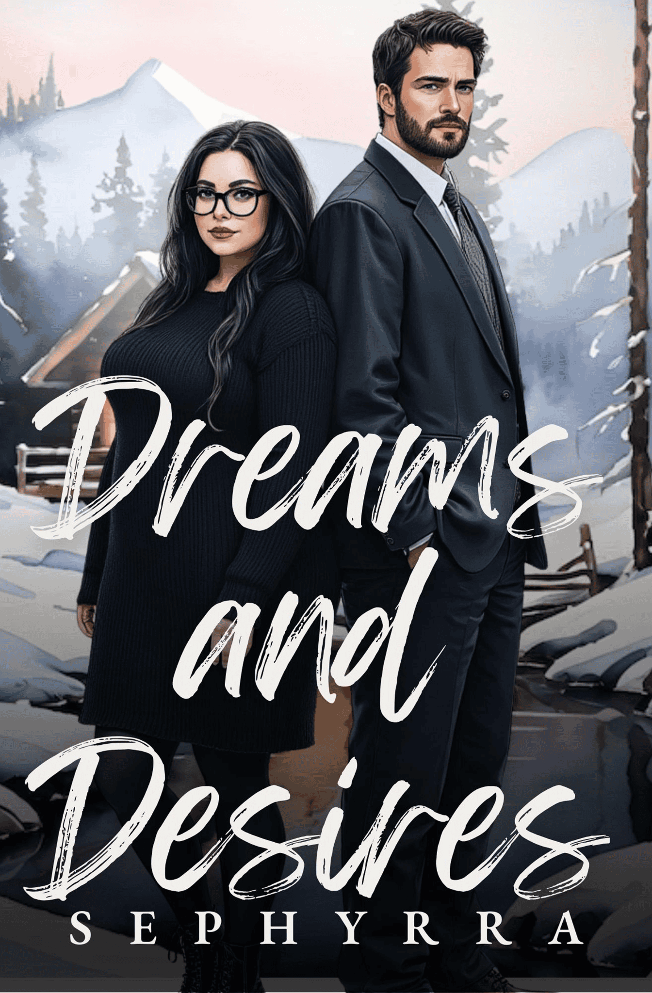 Stylish couple in winter landscape with mountains, representing dreams and desires.