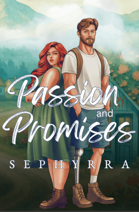 Illustrated book cover of a couple standing outdoors with mountains in background.