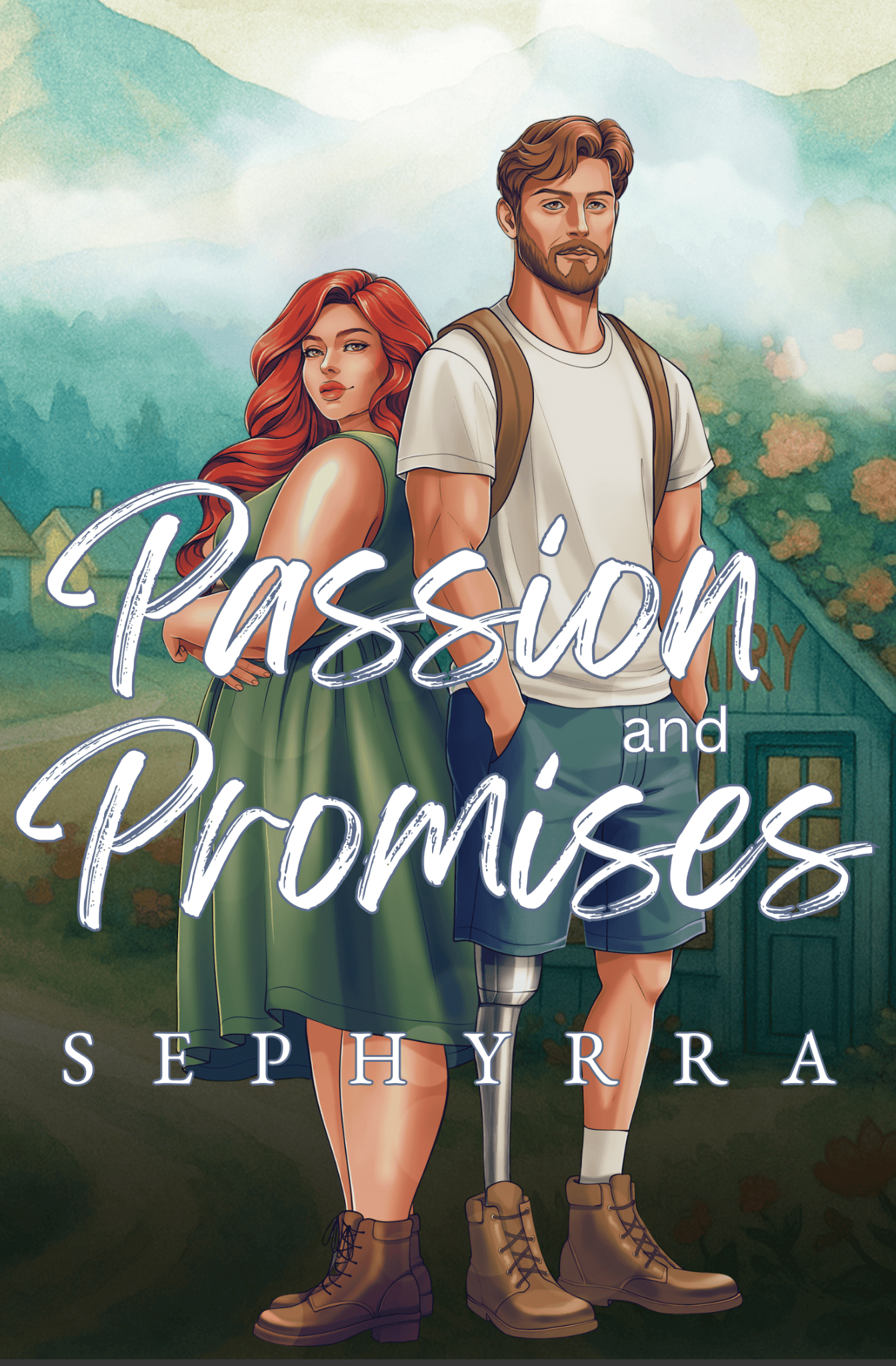 Illustrated book cover of a couple standing outdoors with mountains in background.