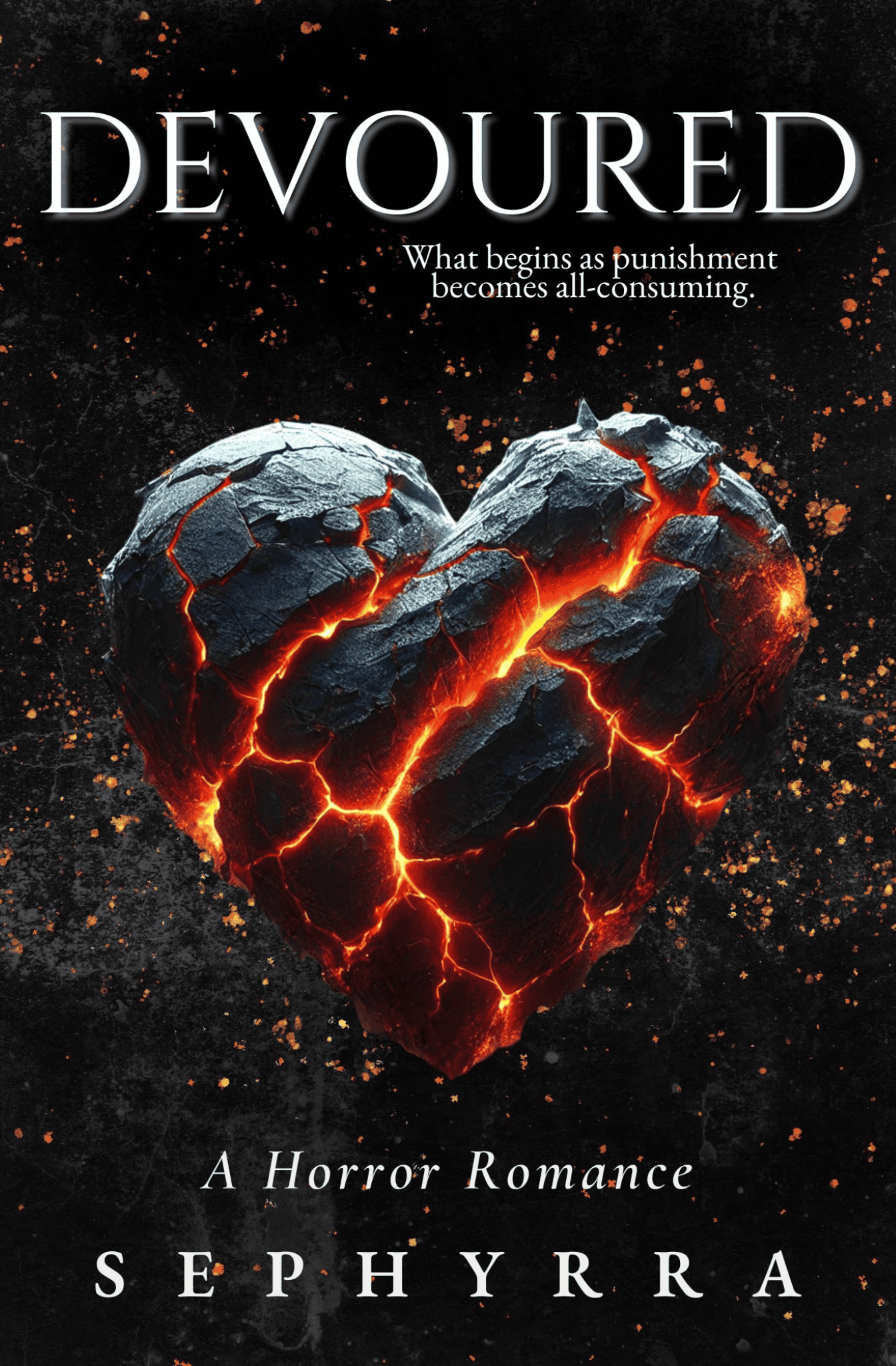 Devoured Heart - Horror Romance book cover with a cracked, fiery heart symbolizing intense passion a.